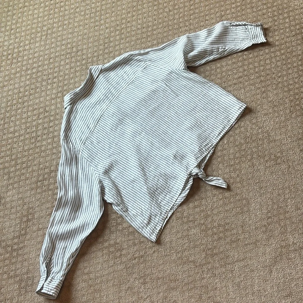 H&M Linen Green & White Striped Button-Up Women's Top XL - Picture 3 of 13